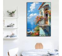 GKUVBF Mediterranean Village Coastal Boat Seaside Landscape Floral Field Cottage Poster Canvas Print Living Room Home Decor 40x50cm Frameless