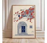 GKUVBF Moroccan blue door wall artwork Mediterranean architecture poster boho with red flowers home living room decor(40x60cm/internal frame)