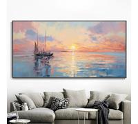 GKUVBF Vintage Blue Sea Ocean Landscape Canvas Print 2D/FLAT Sunrise Sunset Textured Canvas Painting Home Wall Art Decor(50x100cm/internal frame)