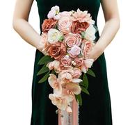Gkvszy 9.1Inch Peach Pink Cascading Bridal Bouquet for Bride Artificial Pink Rose Cascade Bridal Flower Bride Wedding Bouquet Peach Pink
