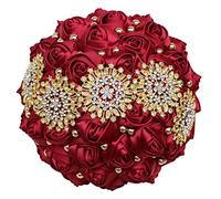 Gkvszy Dark Red Bridal Wedding Bouquet with Gold Rhinestone Pearl for Quinceanera Bride Bridesmaid Satin Rose Flower Brooch Bouquet Wedding Dark Red 7.1in