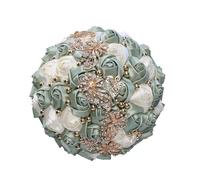 Gkvszy Handmade Wedding Bouquet with Golden Rhinestone Brooch Pearl Bridal Bouquet for Bride Bridesmaid Quinceanera Satin Rose Flower Bouquet Wedding Sage Green and Ivory 8.3in
