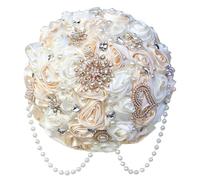 Gkvszy Ivory and Champagne Bridal Wedding Bouquet with Rhinestone Brooch Pearl String Cascade Bouquet for Bride Bridesmaid Quinceanera Satin Rose Flower Bouquet Wedding Champagne and Ivory 8.7in