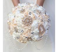 Gkvszy Ivory and Champagne Bridal Wedding Bouquet with Rhinestone Brooch Pearl String Cascade Bouquet for Bride Bridesmaid Quinceanera Satin Rose Flower Bouquet Wedding Champagne and Ivory 8.7in