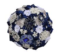 Gkvszy Navy Blue and Silver Grey Bridal Bouquet with Luxury Bling Rhinestone Brooch Wedding Bouquet for Bride Bridesmaid Quinceanera Satin Rose Flower Bouquet Wedding 7.1in