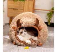 GKWW Cute Cat Bed Cave for Indoor Highland Cow Shaped Pet Plush House Self-Warming Nest Small Dogs Rabbits with Removable Cushion for Puppy Bed with Hanging Toy