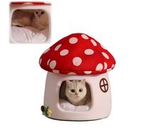 GKWW Cute Cat Bed Cave for Indoor Highland Mushroom Shaped Pet Plush House Self-Warming Nest Small Dogs Rabbits with Removable Cushion for Puppy Bed with Hanging Toy (Red Mushroom)