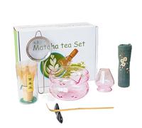 GKXLH Matcha Set - 7 Pcs Glass Matcha Whisk Set, Matcha Kit for Matcha Lovers, Matcha Tea Set Includes Matcha Bowl, Matcha Whisk and Holder, Scoop, Scoop Rest, Sifter and Tea Towel (Pink)