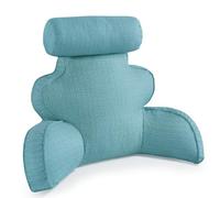 GKXLH Reading Pillow - Faux Linen Reading Pillows for Sitting in Bed Adult, Back Pillow for Bed Sitting Up with Round Pillow, Back Arm Support Bed Rest Pillows with Pocket, Washable Cover (Blue)