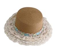 GKYQVE Victorian Straw Bonnet Hat Sun Protective Hat Large Lace Brims Vacation Teaparty Round Top Party Headwear Lace Straw Khaki