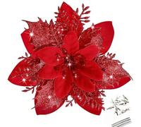 GL-Turelfies 12 Pcs Glitter Christmas Flowers(15cm/5.9’’) with 12 Pcs Clips Artificial Poinsettia Flowers Christmas Tree Flower Decorations Xmas Tree Ornaments (Red)