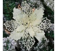 GL-Turelifes Pack of 12 Glitter Artificial Poinsettia Flowers Christmas Wreath Christmas Tree Flowers Ornaments 6’’(16cm) Diameter with 12 Pcs Green Soft Stings (Beige White)