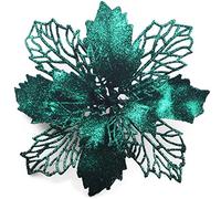 GL-Turelifes Pack of 12 Glitter Artificial Poinsettia Flowers Christmas Wreath Christmas Tree Flowers Ornaments 6’’(16cm) Diameter with 12 Pcs Green Soft Stings (Blackish Green)
