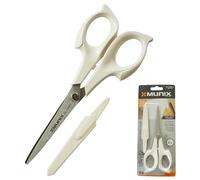 GL2568C Multi-Purpose Stainless Steel Blade Scissors with Safety Cap, 6.7 inches / 169 mm, White Body, Pack of 1, Left Right Handed, Curved Edges, Pointed Tip, iZOFAX Black Ball Pen