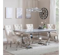 Glacier Dining Set - 6 Seater - 180cm - Grey Marble & Chrome - Knocker Back Dining Chairs - Champagne Velvet Fabric - Chrome Legs