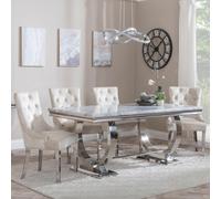 Glacier Dining Set - 6 Seater - 180cm - Grey Marble & Chrome - Lion Knocker Back Dining Chairs - Champagne Velvet Fabric - Chrome Legs
