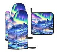 Glacier Sky Northern Lights Oven Mitts And Pot Holders - Kitchen Cooking Gloves 3 Pcs Oven Gloves Set For Kitchen Baking Grilling