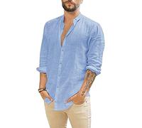 Glacspyg Linen Shirt Men's Long Sleeve Cotton Shirts Button-Down Casual Regular Fit Summer Shirt Blue XXL