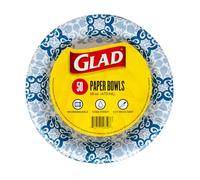 Glad Disposable Paper Bowls, Blue Victorian Print | Round Soak Proof, Cut Proof, Microwaveable Heavy Duty Disposable Bowls | Bulk Plate for Parties, Dinner Plates, 16 Oz, 50 Count