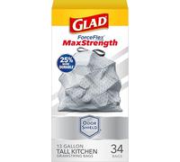Glad ForceFlex MaxStrength Tall Kitchen Trash Bags, 13 Gal, Odor Shield, 34 Ct (Package May Vary)