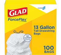 Glad ForceFlex Tall Kitchen CloroxPro Drawstring Trash Bags - 13 Gallon White Trash Bag, Unscented - 100 Count (Package May Vary)