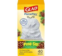 Glad ForceFlex Tall Kitchen Drawstring Trash Bags, 13 Gal, Pine-Sol, 40 Ct (Package May Vary)