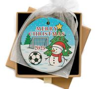 Glad Gua Football Christmas Keepsake 2025, Ceramic Ornament with Snowman, Tree and Goalpost, Gift Boxed Decoration for Boys, Sports Fans, Family or Coach