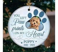 Glad Gua You Left Paw Prints on Our Hearts - Personalised Custom Round Shaped Ceramic Photo Christmas Ornament - Upload Image Memorial Gift Sympathy Gift Loss of Dog Sympathy Gift