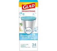 Glad Small Drawstring Trash Bags - 4 Gallon White Trash Bag, Febreze Beachside Breeze - 34 Count