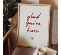'Glad You're Here' Wall Art Print, Red Typography on White, Guest Room Prints, Entry Way Wall Art, Hallway Decor Accessories