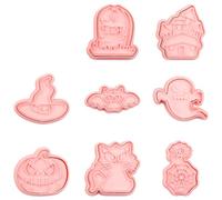 GLADFRESIT Halloween Cookie Cutter Set - 8Pcs Plastic Biscuit Cutters for DIY Cake Decoration - Pumpkin, Ghost, Bat, Tombstone, Cat, Castle, Hat & Spider Web Baking Molds (Style A)