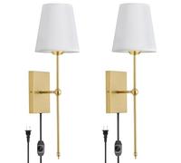GLADFRESIT Modern Wall Light Set of 2 White Fabric Shade Sconce Hardwired Indoor Bedside Lamp Bathroom Vanity Light Fixture, Brushed Brass