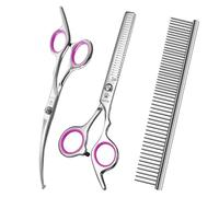 GLADOG 3 in 1 Dog Grooming Scissors Kit, Pink Titanium Coated Pet Scissors for Dogs & Cats, Curved Thinning Shears with Comb, Safety Round Tips, Ergonomic Handle