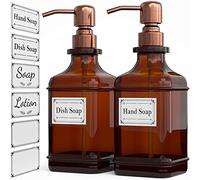 GLADPURE Soap Dispenser 2 Pack, Hand Soap Dispensers with 18 Oz Antique Design Thick Amber Glass Bottle, 316 Rust Proof Stainless Steel Pump, 6Pcs Stickers, for Lotion, Soap - Brushed Copper