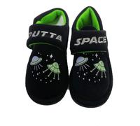 GladRags Boys Comfort House Slippers, Strap Closure, Black with Flying Saucers Child Size 6, Space