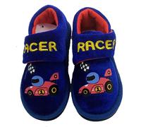 GladRags Boys Comfort House Slippers, Strap Closure, Blue with Racing Cars Child Size 4, Racer Blue
