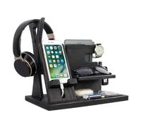 Gladsico Rustic Black Wooden Phone Docking Station Organizer with 5 Compartments for Men, Great Gift for Him