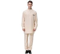 GladThink Men's Muslim Arab Middle East Round Neck Long Sleeves Islamic Robe Suit Khaki M