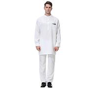 GladThink Men's Muslim Arab Middle East Round Neck Long Sleeves Islamic Robe Suit White XL