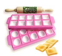 Gladworts Raviolamp Mould Dumpling Pastry Maker Mold for Large Round + Square Ravioli, Plastic, Wooden Rolling Pin