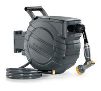 GLAHODEN 5/8" x 90ft Retractable Garden Hose Reel UV Resistant Wall Mount 3/4" Brass Connector, 9 Pattern Nozzle, Lock Any Length