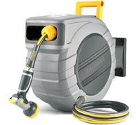 GLAHODEN Retractable Garden Hose Reel 5/8 in x 65 ft, 2025 Upgraded Dual Ratchet Lock UV & Freeze Protection Brass Seal Slow Retraction Anti-Tangle Hose 180°Swivel Reinforced Scaffold Wall Mount