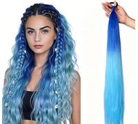 GLAITC 2Pcs Braiding Hair Blue Extensions Hair Pre Stretched Braiding Hair Extensions Long Straight Gradient Ponytail Hair Extensions For Women Girls Cosplay Role-Playing Stage Parties & Daily Use