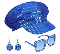 GLAITC 3Pcs 70s Disco Sequin Hat Accessories with Shiny Hat Sunglasses Earrings Disco Set Abba Hats Retro Disco Party Hats for Women Theme Party 70s Style Shinny Disco Costume Set Abba accessories