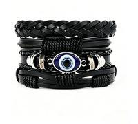GLAITC 4 Pcs Leather Bracelets Black Braided Leather Wide Wristband for Men Adjustable Evil Eye Multilayer Woven Cuff Bangle Vintage Punk Handmade Bracelet For Men Women To Wear Daily Basis
