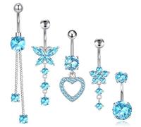 GLAITC 5Pcs Belly Button Bars 14G Blue Stainless Steel Dangly Belly Button Rings With Heart Butterfly Circular Long Pendant Flower Shaped Hypoallergenic Navel Piercing Jewelry For Girl Women