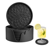 GLAITC 6 Pack Silicone Coasters With Holder 3.9in Black Drink Coasters Diamond Texture Heat Resistant Non-Slip Coaster Reusable Round Glasses Cup Mat For Hot Cold Drinks Kitchen Home Bar Office Gift