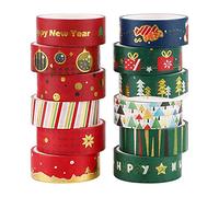 GLAITC Christmas Washi Tape, 12 Rolls Gold Foil Washi Masking Tape Decorative Self-Adhesive Sticky Tape for Christmas Decorations, Gift Wrapping, 15mm x 3m