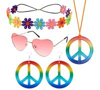 GLAITC Hippie Costume Set,5 Pieces 60s 70s Hippie Hippy Dressing Accessory Hippie Party Supplies Fancy Dress Hippie Glasses Peace Sign Necklace Peace Earring Adults Hippie Retro Party (Colorful)