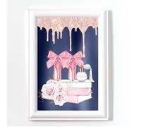 Glam Books Navy Blue, Perfume Print, Shoe Bedroom Wall Art, No Frame, Digital Glitter,Pink Silver Grey Office Picture A4 (6)